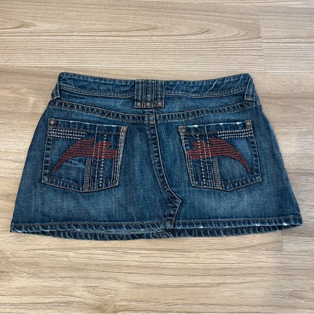 NAF NAF Blue Denim Mini Skirt with Red Embroidery